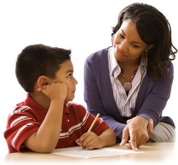 Woman teaching child to read